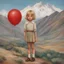 Placeholder: 1970s, blond Little girl , in the style of Margaret Keane, she is standing on a red balloon in the andes mountains