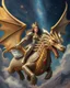 Placeholder: Imagination from a far oil painting HD all image of the Beautiful Queen, riding a dragon flying in the sky, wearing a luxurious armor design, made of silver and gold metal plates, metal crafts with shining diamond luster, on the outer surface of the luxurious decoration of very small diamond stones, red diamond stones, Milky Way galaxy background