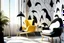 Placeholder: human feet pattern decorated wallpaper in the background and a penguin shaped and penguin coloured (black and white) armchair in a modern room in sunshine