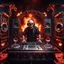 Placeholder: DJ of the damnded, insanely detailed DJ booth in hell, MID set, speakers and equipment made of bone, anatomically correct, add more skulls in th audience, photorealism, vray, 8k 3d