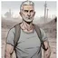 Placeholder: Portrait, 40 years old male character with grey hair, t-shirt comic book illustration looking straight ahead, post apocalypse