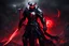 Placeholder: man in demonic armor, red and black, glowing, holding war scythe, cutting enemy, glowing red eyes, ultra realistic
