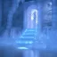 Placeholder: ethereal winter flowers, carved ice door at the end of ice steps, magical atmosphere, Beardsley, Unreal render, cinematic blue