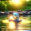 Placeholder: cute blessed chat robot sailing on a bed in the river,catching a big fish in a river stream, 8k, downlight, soft light, depth of field, photorealism, trending on art station, lotsa detail