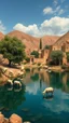 Placeholder: Hieronymus Bosch style , Morocco old Arabian oasis with water lakes and trees and sheep’s drinking from the lake surrounded with old houses