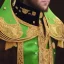 Placeholder: King wears garments of fine green silk, and gold embroidery. And adorned with bracelets of silver,