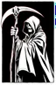 Placeholder: hooded Grim-Reaper gripping scythe(upward), vignette, black and white graphic novel style with a red outline, and black background,
