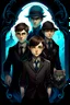 Placeholder: Design a book cover for fantasy criminal story. Three teenage detectives are in the centre. One girl and two boys. Black Cat as a company. The book is for teenagers