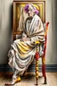 Placeholder: an old wrinkled woman sitting on a wooden chair, half dressed in dropped cloth, she is on display in a high end white art gallery, she is quite and no emotions, the original painting of Venus is on display on the wall, .ultra realistic photo,. highly detailed 32k, strange and weird modern art creation, surrealistic image