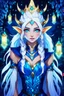 Placeholder: Bioluminescent blue avatars identify dots and patterns on their skin. Pointed elf ears, white hair, glowing blue eyes, slightly shiny blue skin.A beautiful girl with glowing golden eyes. With white decorated hair. And the whole body. And decorated dragon stones. And decorative glass trees