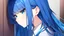 Placeholder: anime girl, blue hair, curious, blue eyes, long hair