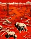 Placeholder: A red wasteland with animal bones painted by Andy Warhol
