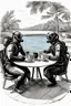 Placeholder: Drawing of 2 divers with full diving gear on, goggles, flip flops and suits are sitting outside at a round table having tea