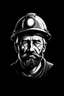 Placeholder: minimalist, primitive art coal miner portrait as icon for an app or logotype. A little tired, A little dirty. He is of good cheer. He keeps a vertical hack besides his right shoulder. He wears а headpiece with a headlight. Siberian coal miner