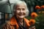 Placeholder: portrait of a smiling old woman, rain, flowers, umbrella, autumn