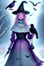 Placeholder: Friendly witch, playing with crows, perfect eyes, pastel colours, snow, style Elisabeth Kreitz