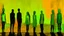 Placeholder: a painting of three people standing next to each other, an acrylic painting, trending on cg society, yellow and limegreen color scheme, monoliths, siluettes, in a row, detailled light, group of people, trending on artstion, female forms, smoldering, suns, chambers