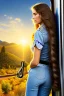 Placeholder: profile of a long haired woman carrying her guitar case over her shoulder standing at the front window of a train looking out at the tracks tracks. sharp focus, hyper-realistic, country -western, masterpiece, museum quality, pretty face, emotional, symmetrical features, Fibonacci golden ratio