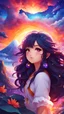 Placeholder: An adorable and beautiful anime girl with volcanic hair and big glowing eyes explores her vivid imagination in a fantasy world, full of dreams and magical lands, depicted through stunning illustration art with vibrant, vivid colors.