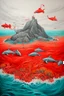 Placeholder: A red volcanic island with dolphins painted by Cai Jia