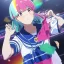 Placeholder: Clear focus, High resolution, A anime teenager, anime screencap, rainbow medium length hair, hair cut in pieces, pink eyes, wearing a sailor uniform, blushing