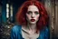 Placeholder: full body portrait Foto, Contemporary representation with influence of Naïve style, scenery lost place, young woman Beautiful, bizarre, petite , poorly dressed, inspiring appearance, red hair, deep red lips, blue eyes, Highly detailed, macro quality, perfect face,