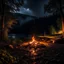 Placeholder: Dark rainy night with campfire and nature