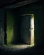 Placeholder: An ancient, weathered door stands in an abandoned house, shrouded in deep, engulfing darkness. The walls are rough and covered in moss and dust, with wooden beams crumbling and floors uneven. The faint light coming from a small particle of the philosopher's stone, placed mysteriously near the door, emits a warm, surreal glow, contrasting with the surrounding darkness. The stone’s light weakly illuminates the nearby area, casting long, eerie shadows. The atmosphere is thick with mystery and tensi