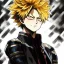 Placeholder: Detailed anime portrait of bakugo from my hero academia, gold hair and golden eyes, black suit, intricate details, full body portrait, keep head in frame, slight smile, black Japanese motif, concept art, highly detailed, digital painting, concept art, sharp focus, illustration, art by Yoji Shinkawa, WLOP and greg rutkowski and alphonse mucha and artgerm and yanjun Chen and Junji ito and Makoto Shinkai, HDR, octane render