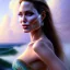 Placeholder: A beautiful portrait of Angelina Jolie as a mermaid , leaning on a ships deck ,Rough sea in the background, (digitall art by Eugene de Blaas and Ross Tran, vibrant color scheme, highly detailed, in the style of romanticism, cinematic, artstation best quality, realistic lighting, masterpiece portrait, details light dusting , cowboy shot from above, simple chain hauberk Vector art digital illustration 3D shading )