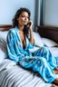 Placeholder: a supermodel in designer sleepwear sitting on bed for magazine cover photoshoot