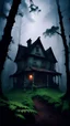Placeholder: Scary haunted house in the middle of the forest, thick fog, atmosphere of darkness, overgrown forest, horror, depressing atmosphere