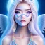 Placeholder: portrait of a beautiful mongolian woman with an angel face smiling,long blond hair, blue eyes, pink and blue dress, jewels, soft light aura