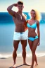 Placeholder: full body image of a beautiful 12 year old girl and a beautiful 12 year old boy with long, blonde curly hair and light blue eyes, smiling, shirtless, in front of an distant beach, 8k