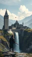 Placeholder: A worrier standing in front of a Fantasy city with 2 tall square black towers on the edge of a dam with a waterfall falling into a chasm below it in the mountains