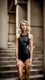 Placeholder: beautiful anorexic woman, total shot, short shiny black triathlon swimsuit, short blond wavy bob hair, blurred concrete background