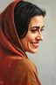 Placeholder: Palestinian woman with a beautiful face, turning her face slightly to the right, with a beautiful smile, and her mouth closed, not showing her teeth, she looks drawn with oil paints