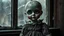 Placeholder: looking at the camera a high realistic vintage crepy porcelain puppet doll, old, dirty with old dress, sitting on shelf, in background blur cracked window. The figure has cracked face and head, and piercing big black eyes. High contrast, cinematic, thriller, dark, atmospheric. Surreal style , perfect composition, sharp focus, intricate details, gloomy vibe