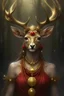 Placeholder: A mystical deer goddess with gold and small ruby jewelry. There should be a large runic symbol for balance floating between the antlers