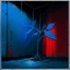 Placeholder: Minimal abstract oil painting of a neon large blue leaf plant in concrete warehouse brutalist architecture and hanging wires illuminated at night. With triadic red colours. In the style of Justin Mortimer and Phil Hale, Ashley Wood