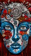Placeholder: Bosch style painting , A balled face in details . The texture of the face is a collage of many 3D clock gears and screws covering the whole face and the eyes are covered by caves figures