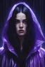 Placeholder: painting by koson ohara and marta bevacqua, portrait of a beautiful goth woman with long black hair, wearing a plastic raincoat, purple neon lighting, 8k, high quality, highly detailed. volumetric lighting