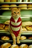 Placeholder: Portrait photo of an anthropomorphic baker cat at a bakery baking rustical bread, Fuji Velvia 50 film 4 HD