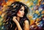 Placeholder: an irresistibly adorable image of a whimsical brunette woman creature with black hair and hazel eyes. Envision a charming being with fluffy, onyx-colored fur or hair that frames its endearing face. in the blowing wind Leonid Afremov