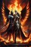 Placeholder: Create an awe-inspiring digital painting of a mythical duel between an infernal knight and a divine queen on an expansive chessboard. The knight, an imposing figure with armor that weaves darkness and flames, stands engulfed in smoldering embers and crackling fire. Opposite him, the queen emanates a celestial aura, her wings unfurling with brilliant light and pure energy. They confront each other amidst a dynamic backdrop of a futuristic city skyline, with stormy clouds overhead and bolts of lig