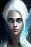 Placeholder: hauntingly beautiful character for dnd, young woman with white hair and blue eyes, angel