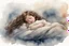 Placeholder: Small girl with long curly brown hair sleeping in god's hand (a big, clear hand) watercolor and ink, backlit, mist and fog