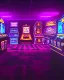 Placeholder: A dark photo of the corners of an 80's aesthetics arcade at night, with a lot of functioning arcade machines, a vaporwave floor and some colorful tiles in between the floor. Purple aesthetics. There are some pizza boxes over some of the arcade machines