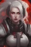 Placeholder: drawing, female soldier, warhammer 40k, messy white hair, pale eyes, sadistic, dressed in a bloody imperium dark armor, standing on a bloody battlefield, blood moon in the background, sci-fi, confident, highly detailed face, very high resolution, fierce, evil
