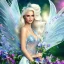 Placeholder: Fantasy fairy with transparent wings, smiling, make up, long platinum blond hair with crown and flowers, blue dress, flowering background